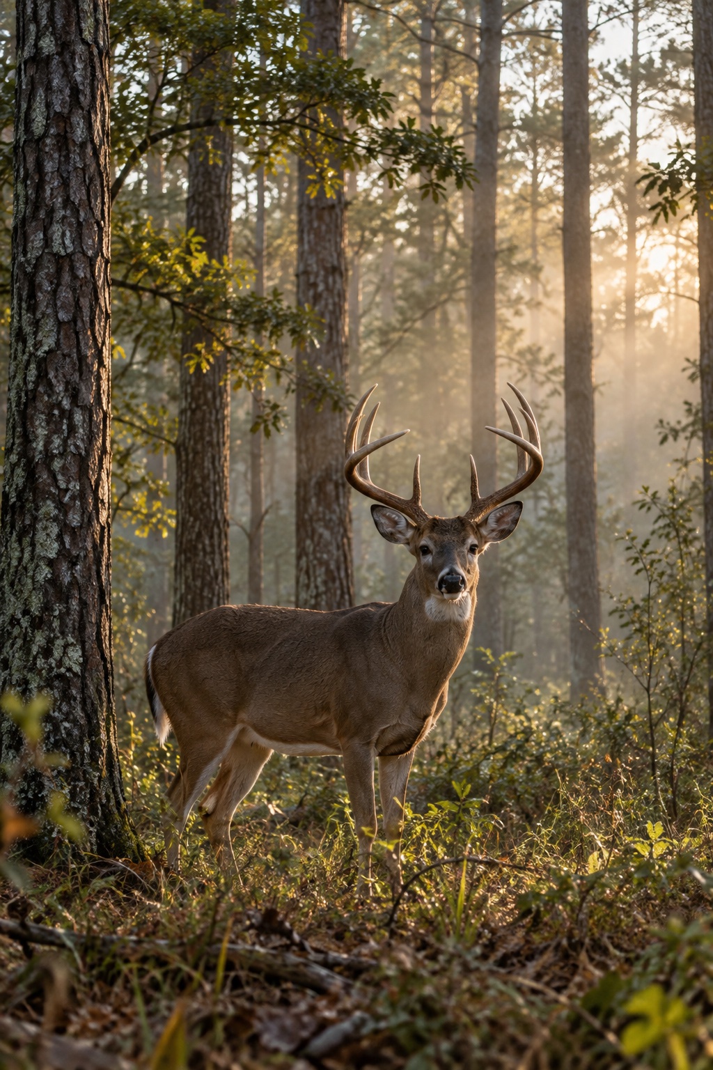 AI-generated illustration of a live whitetail buck in a sunlit woodland; not client work